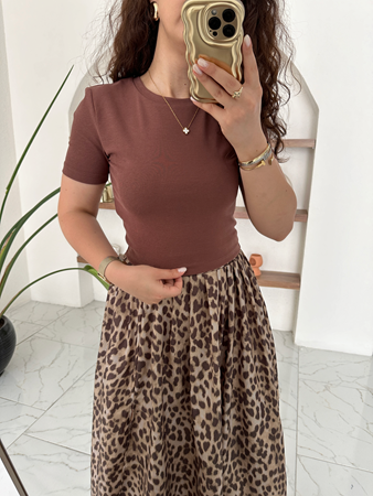 Kahverengi Yarım Kollu Penye Crop