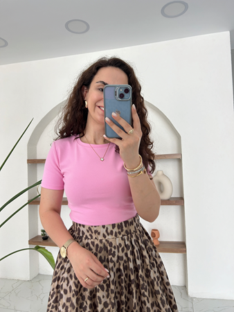 Pembe Yarım Kollu Penye Crop