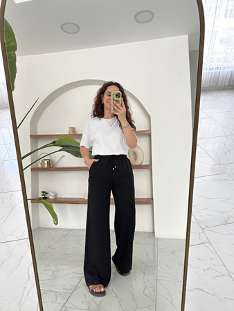 Siyah Beli Lastikli ve Bağlamalı Rahat Pantolon