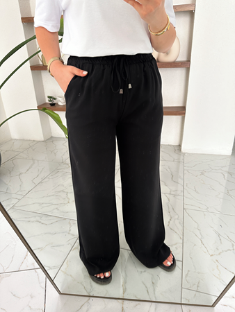 Siyah Beli Lastikli ve Bağlamalı Rahat Pantolon