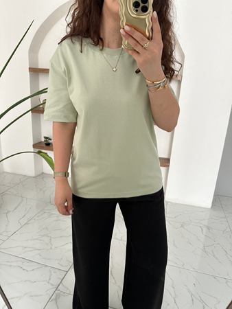 Yeşil Dekoratif Yaka Basic T-Shirt