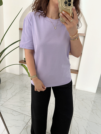 Lila Dekoratif Yaka Basic T-Shirt