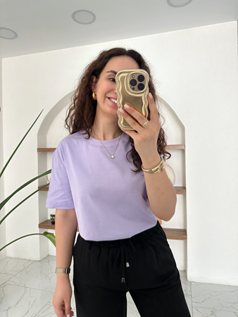 Lila Dekoratif Yaka Basic T-Shirt