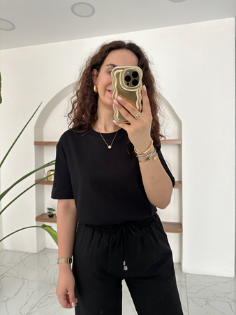 Siyah Dekoratif Yaka Basic T-Shirt