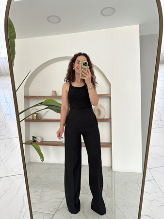 Siyah Premium Belden Oturan Palazzo Pantolon