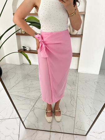 Pembe Kruvaze Beli Bağlamalı Etek