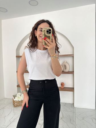 Beyaz Kolsuz Silver Taşlı T-Shirt