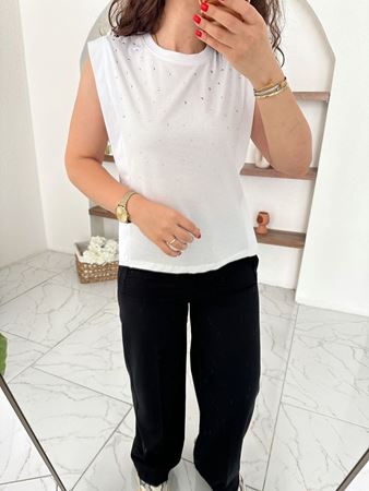 Beyaz Kolsuz Silver Taşlı T-Shirt