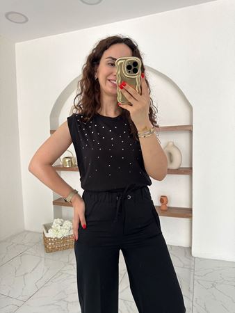 Siyah Kolsuz Silver Taşlı T-Shirt