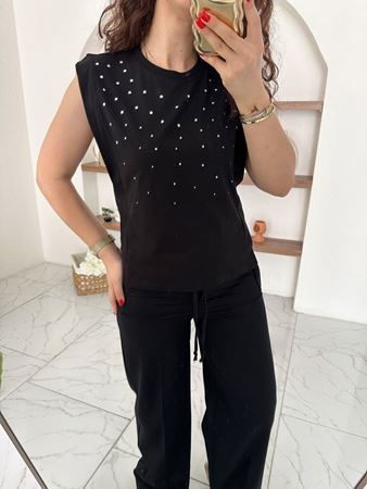Siyah Kolsuz Silver Taşlı T-Shirt