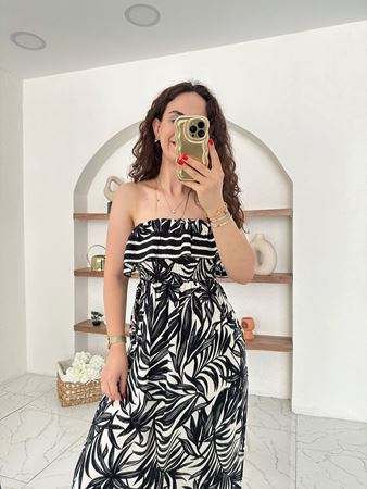 Siyah Yaprak Desenli Madonna Yaka Elbise