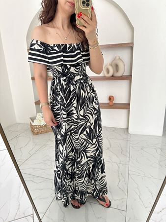 Siyah Yaprak Desenli Madonna Yaka Elbise