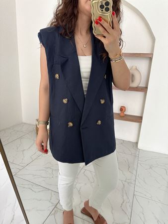 Lacivert Siyah Düğme Detaylı Vatkalı Keten Yelek