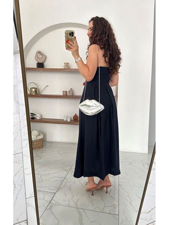 Lacivert Gül Detaylı Straplez Midi Elbise