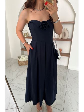 Lacivert Gül Detaylı Straplez Midi Elbise