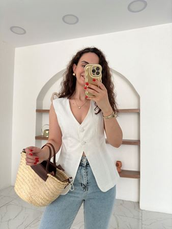 Beyaz Çift Düğmeli Keten Yelek