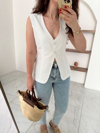 Beyaz Çift Düğmeli Keten Yelek