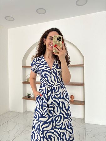 Mavi Beyaz Kuşaklı Gömlek Elbise