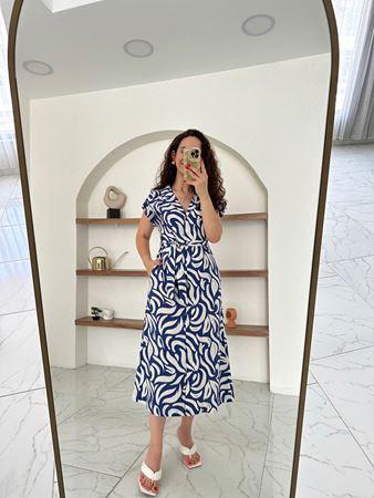 Mavi Beyaz Kuşaklı Gömlek Elbise