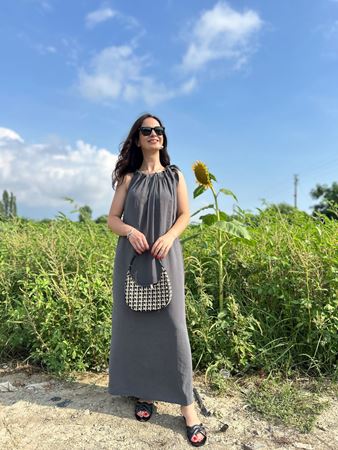 Füme Omuzdan Bağlama Detaylı Modal Kumaş Elbise