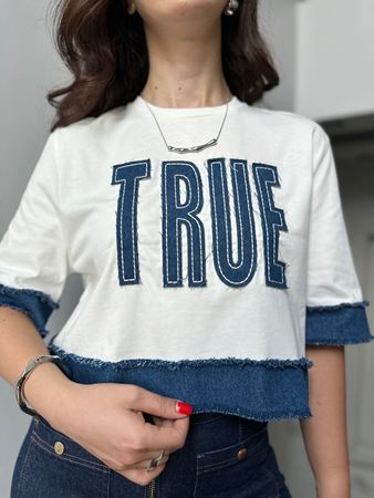 Beyaz Kot Parçalı Tasarım T-Shirt