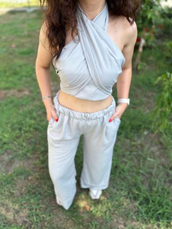 Gri Boyundan Bağlamalı Crop Pantolon Keten Takım