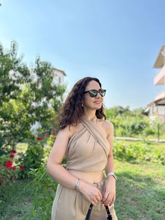 Camel Boyundan Bağlamalı Crop Pantolon Keten Takım