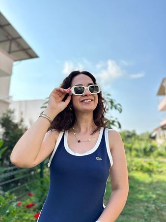 Lacivert Beyaz Şeritli Marka Model Elbise