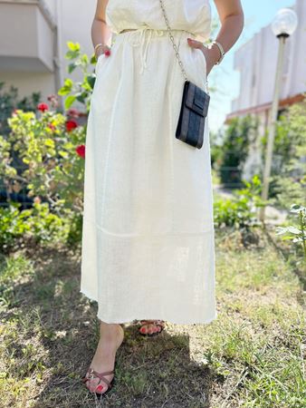 Beyaz Beli Lastikli İçi Astarlı Keten Etek