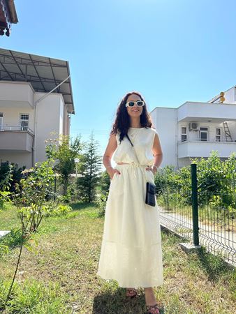 Beyaz Beli Lastikli İçi Astarlı Keten Etek