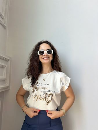Beyaz Yazı Ve Leopar Detaylı T-Shirt