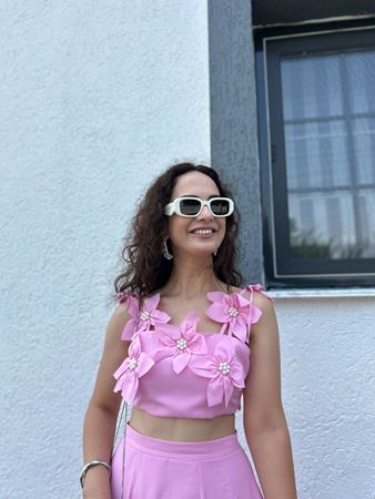 Pembe Çiçekli İncili Crop Etek Takım
