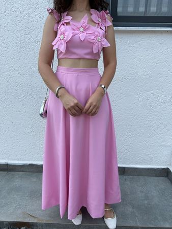 Pembe Çiçekli İncili Crop Etek Takım