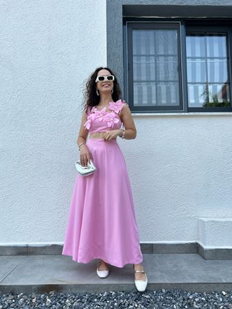 Pembe Çiçekli İncili Crop Etek Takım