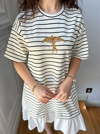 Marka Model Siyah Beyaz Çizgili Etek Ucu Poplin Elbise