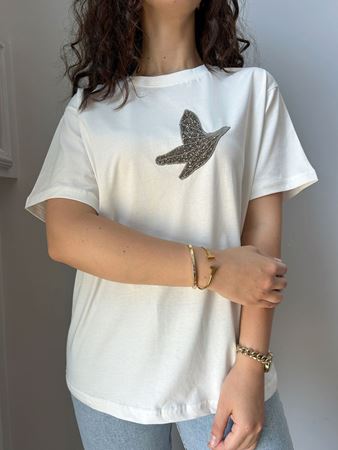 Marka Model Beyaz Taşlı Kuş Figürlü T-Shirt