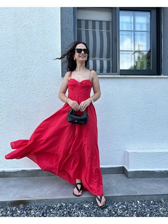 Nar Çiçeği Askıları Bağcıklı Balenli Elbise