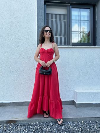 Nar Çiçeği Askıları Bağcıklı Balenli Elbise