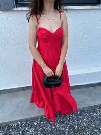 Nar Çiçeği Askıları Bağcıklı Balenli Elbise