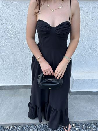 Siyah Askıları Bağcıklı Balenli Elbise