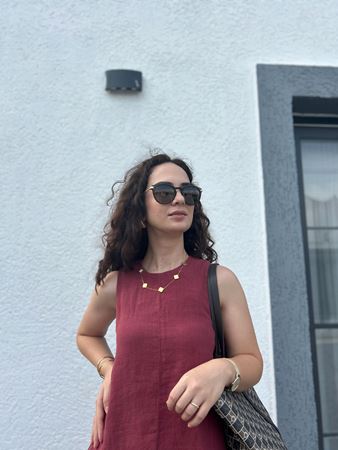 Bordo Cep Detaylı Keten Elbise