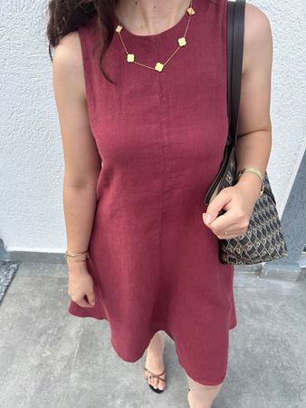 Bordo Cep Detaylı Keten Elbise