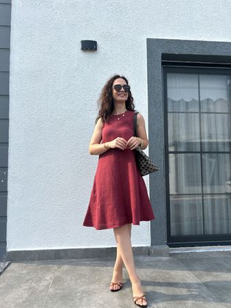 Bordo Cep Detaylı Keten Elbise
