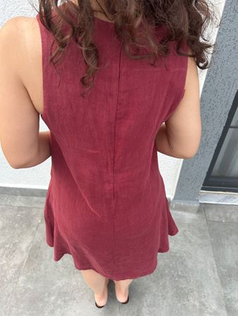 Bordo Cep Detaylı Keten Elbise