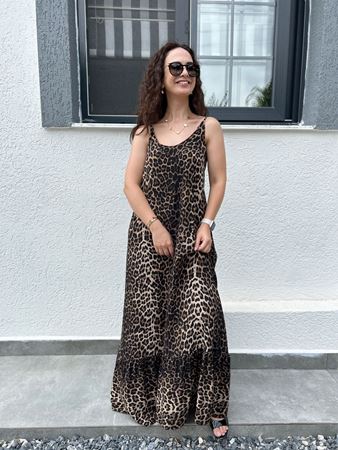 Leopar Ayarlanabilir İp Askılı Maxi Elbise