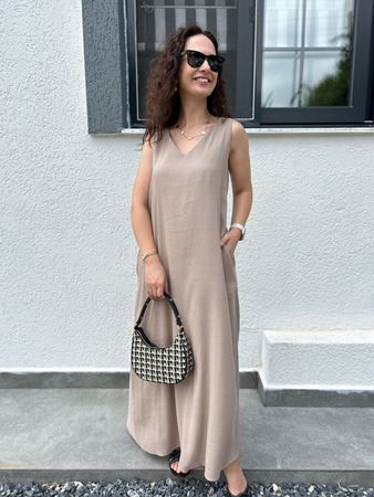 Vizon V Yaka Lastik Askılı Keten Elbise