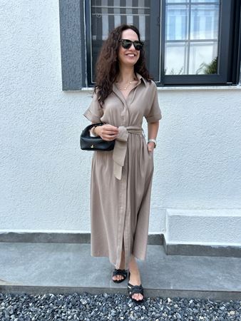 Vizon Kuşaklı Gömlek Elbise