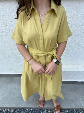 Hardal Kuşaklı Gömlek Elbise