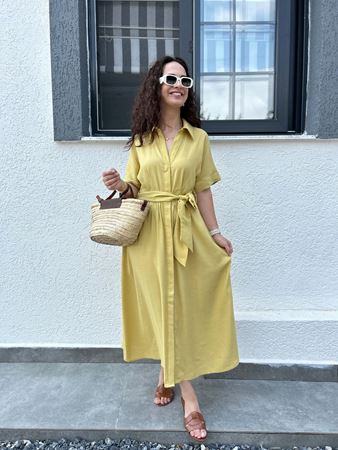 Hardal Kuşaklı Gömlek Elbise