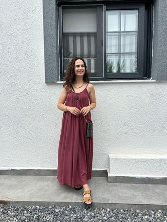 Bordo İp Askılı Keten Elbise